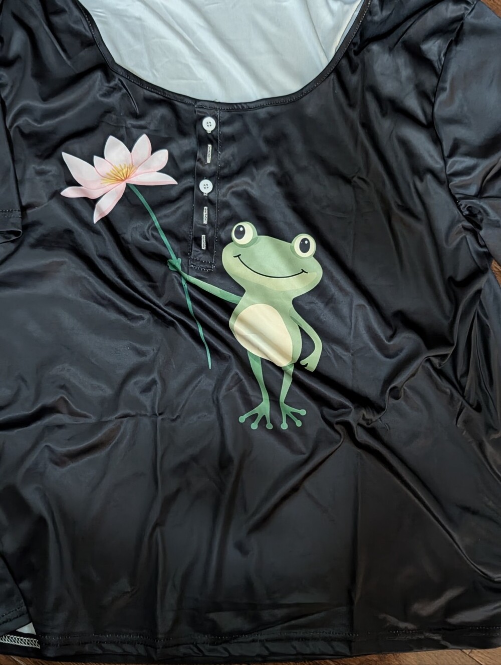 Black Top with Cute Green Frog & Pink Flower Graphic
